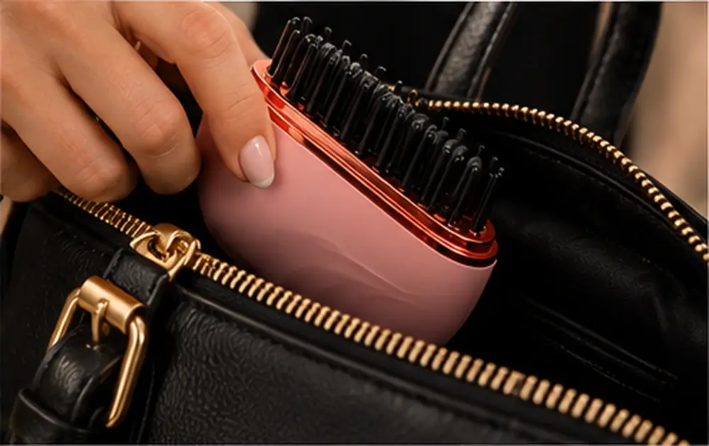 Cepillo rosa guardado en una cartera negra