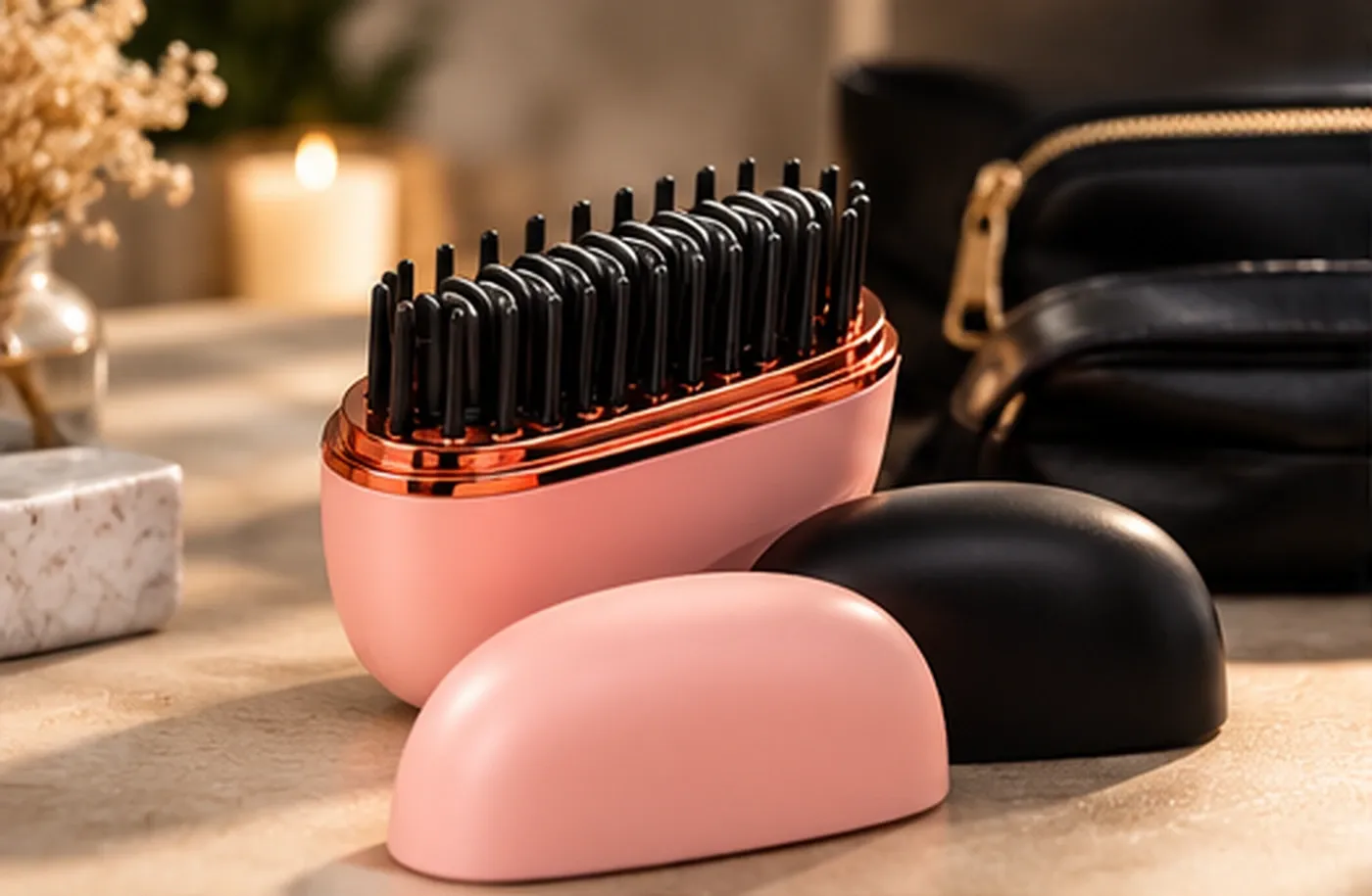 Cepillo térmico portátil rosa con tapas rosa y negra
